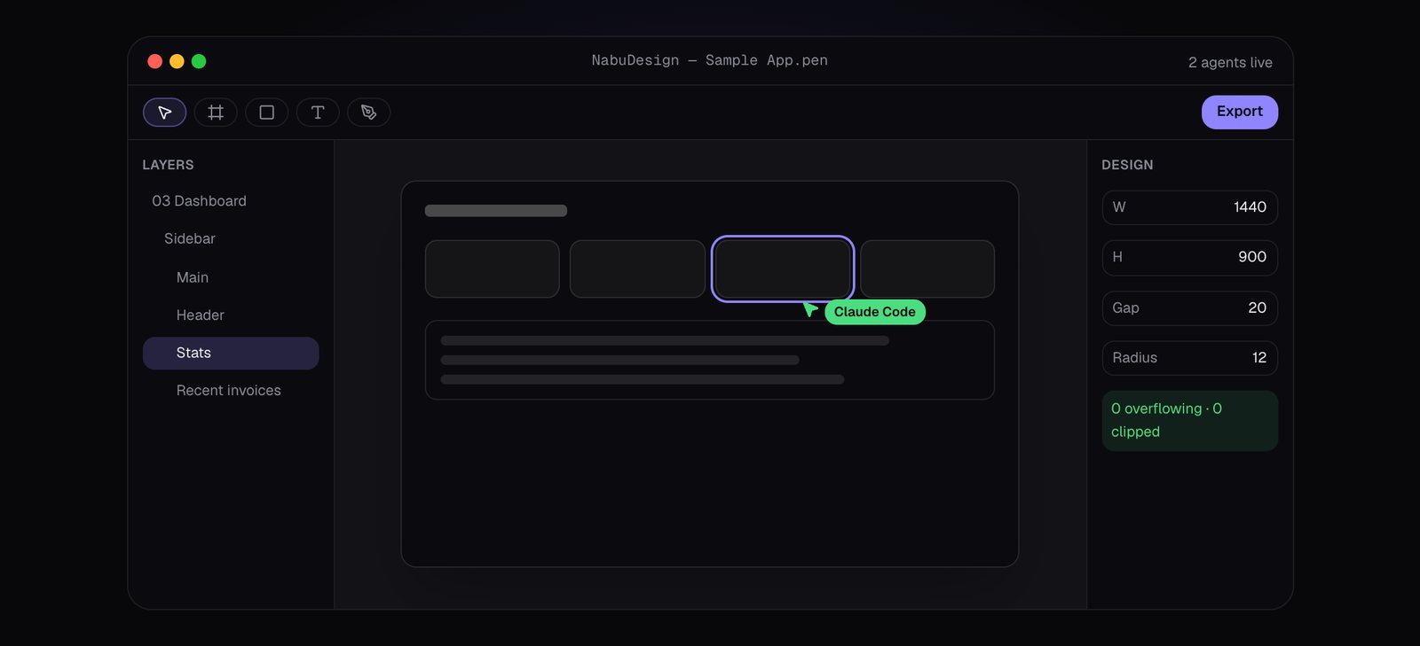 A NabuDesign canvas with screens built by an agent