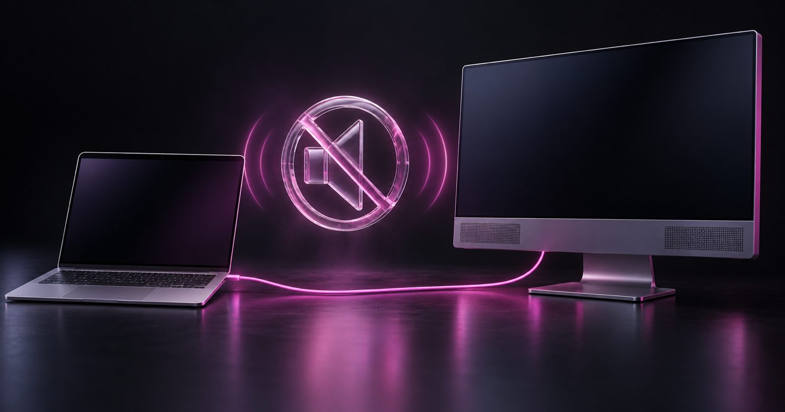 A MacBook connected to an external monitor, with the volume indicator crossed out