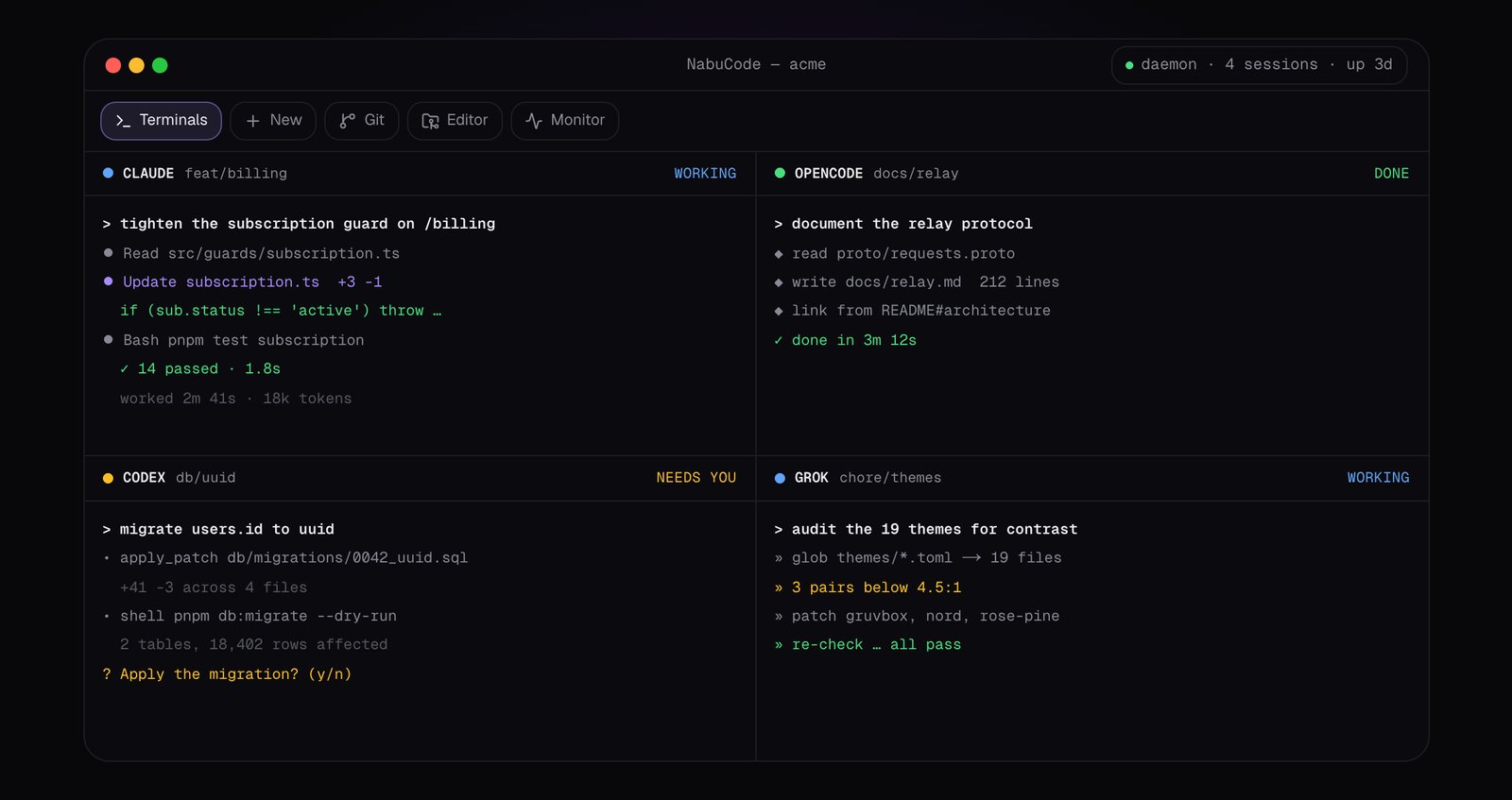 NabuCode's grid with several agents running side by side