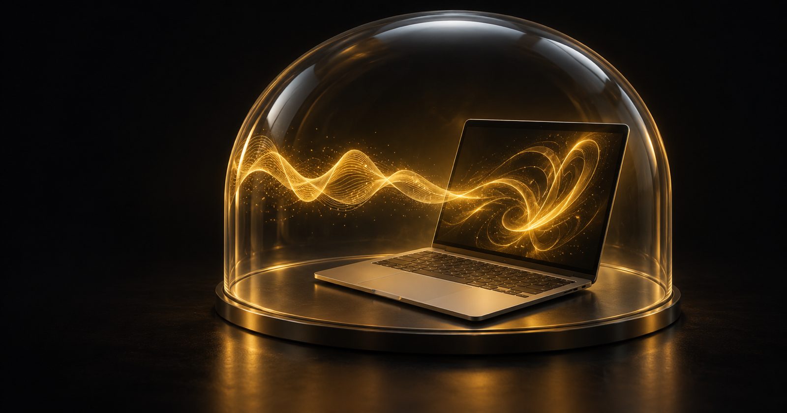 A sound waveform turning into text inside a Mac, with no connection leaving the machine