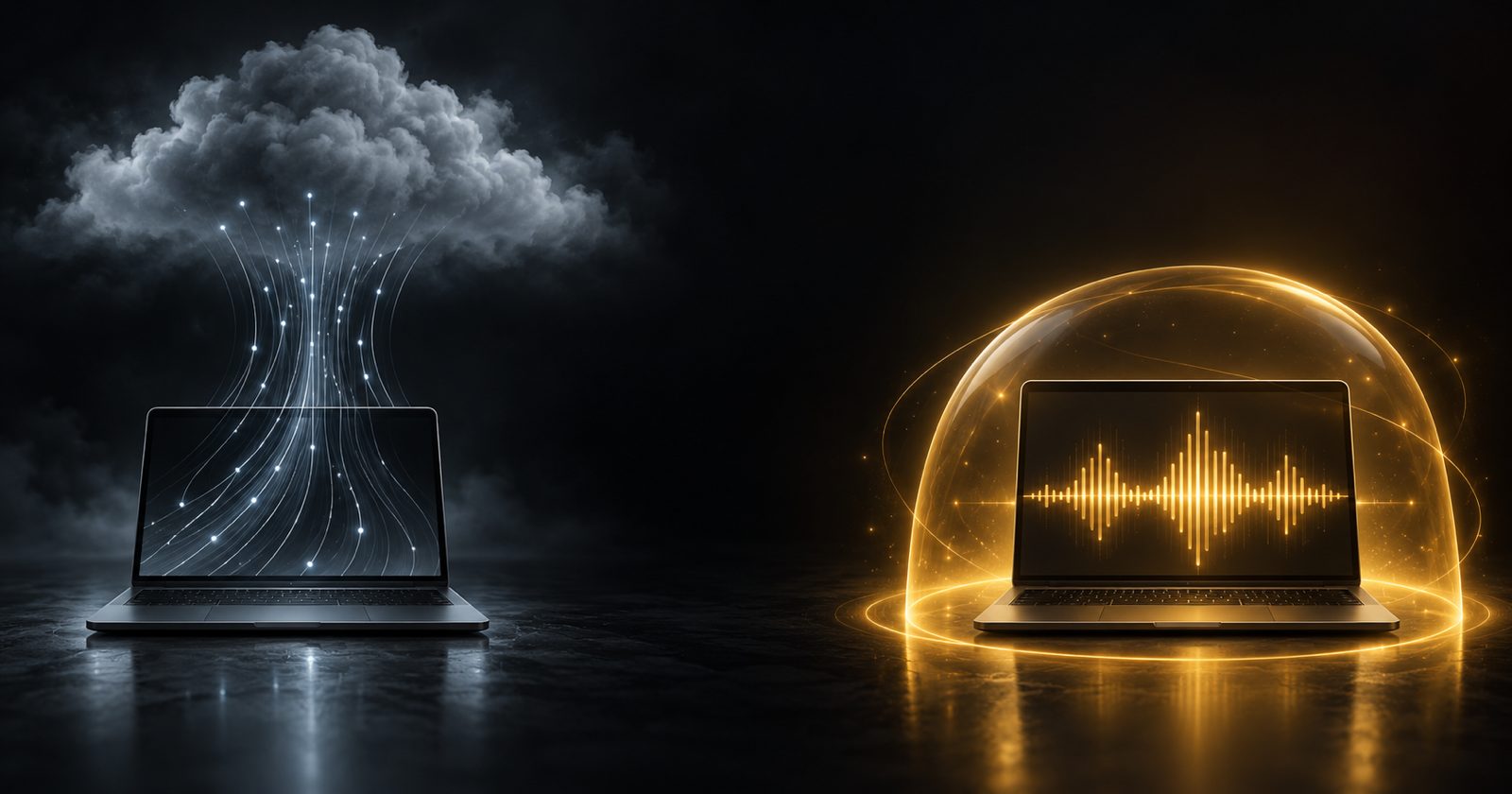 Two dictation approaches side by side: audio going to a cloud, and audio staying inside a Mac